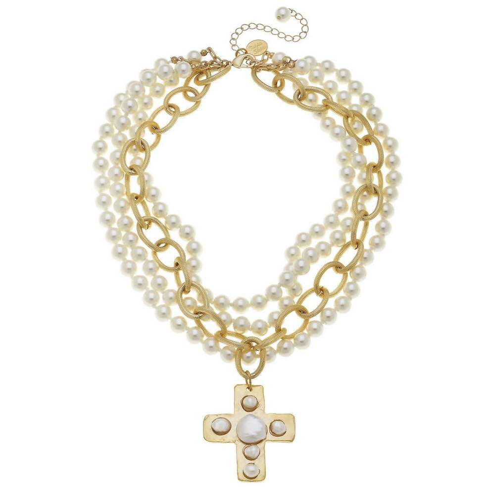 NEW SUSAN SHAW women's multi strand cross pearl necklace in gold